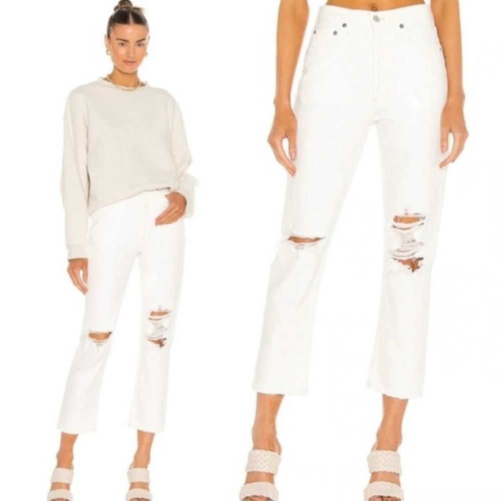 Agolde Jeans Size 29 "Riley" High Rise Straight Crop White Distressed Ripped